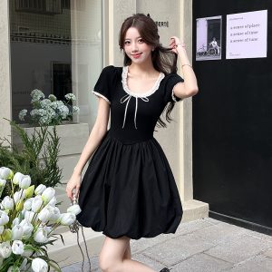 2026 Summer New Ballet Style Women's Cinched Waist Slimming Black Puffy Bud Short Dress Design Sense Elegant Trendy
