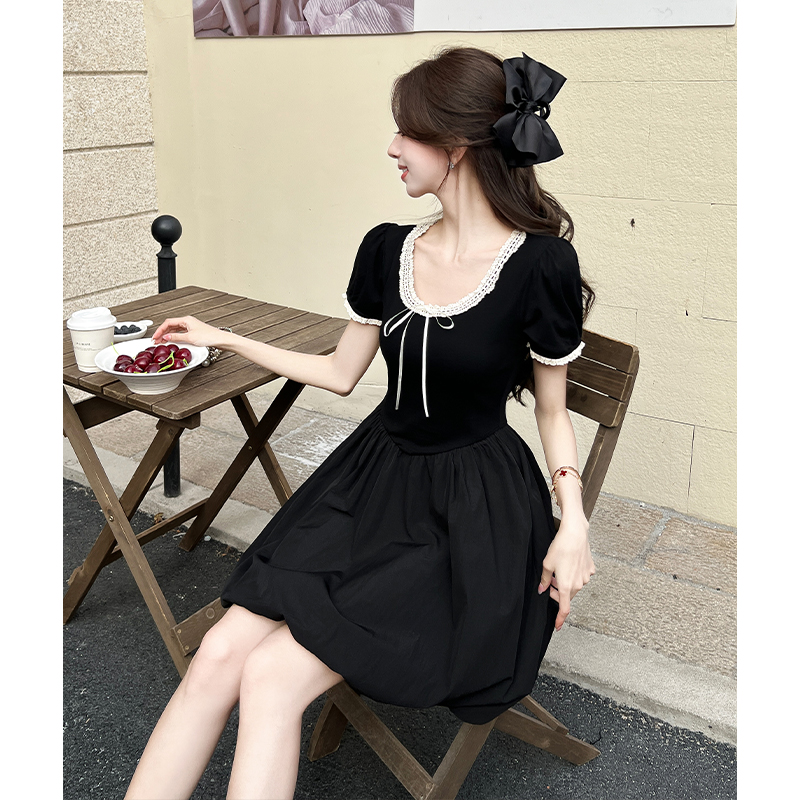 2026 Summer New Ballet Style Women's Cinched Waist Slimming Black Puffy Bud Short Dress Design Sense Elegant Trendy - Image 3