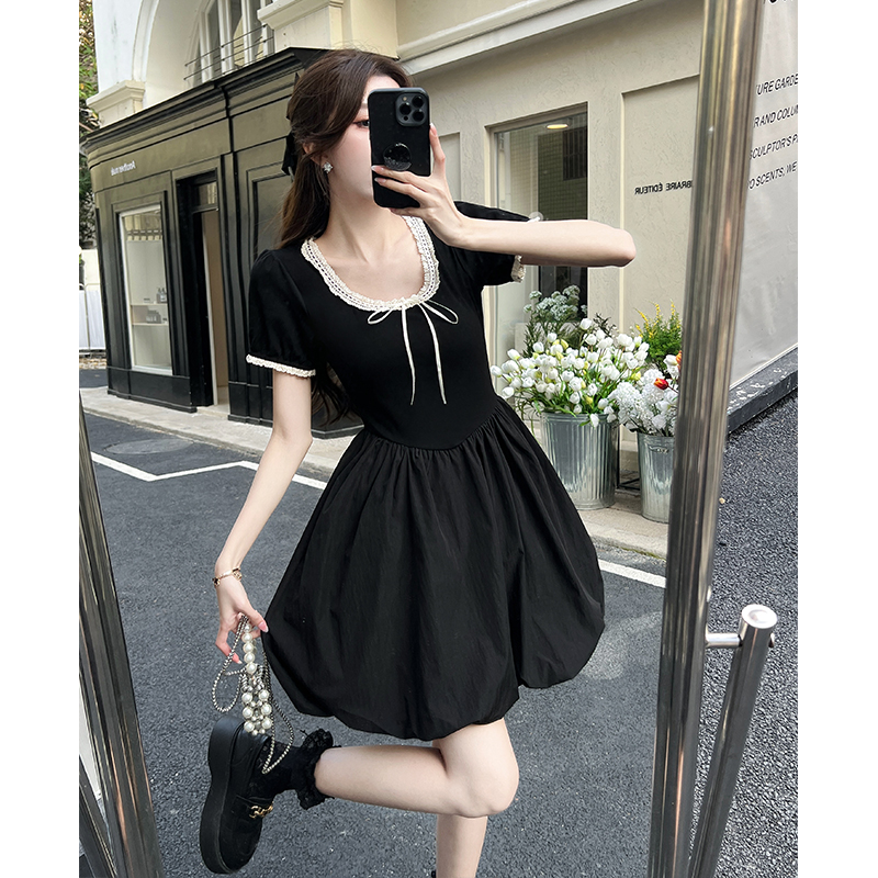 2026 Summer New Ballet Style Women's Cinched Waist Slimming Black Puffy Bud Short Dress Design Sense Elegant Trendy - Image 2