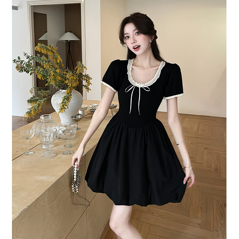 2026 Summer New Ballet Style Women's Cinched Waist Slimming Black Puffy Bud Short Dress Design Sense Elegant Trendy - Image 4