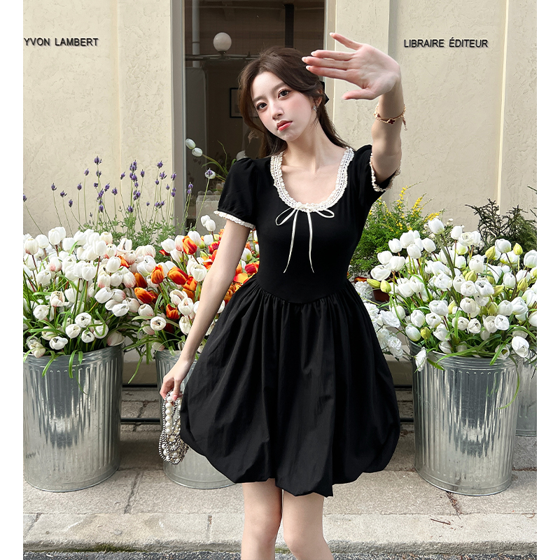 2026 Summer New Ballet Style Women's Cinched Waist Slimming Black Puffy Bud Short Dress Design Sense Elegant Trendy - Image 5