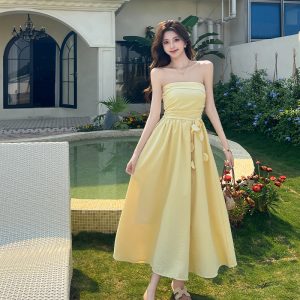 2026 Summer French Style Cinched Waist Slimming Strapless Long Dress