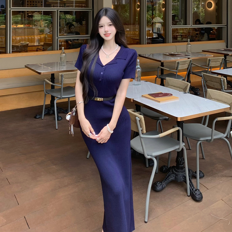 2026 Summer V-Neck French Knit Polo Short Sleeve Bodycon Long Dress Women Vintage Slimming Dress - Image 2