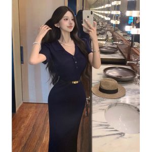 2026 Summer V-Neck French Knit Polo Short Sleeve Bodycon Long Dress Women Vintage Slimming Dress