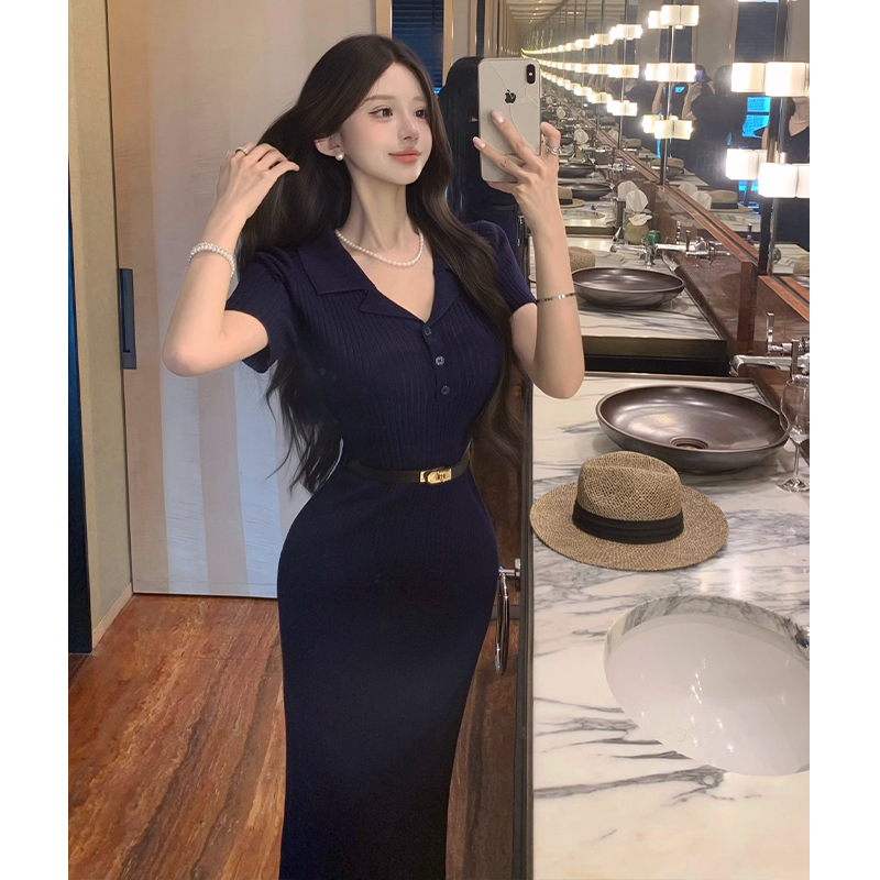 2026 Summer V-Neck French Knit Polo Short Sleeve Bodycon Long Dress Women Vintage Slimming Dress
