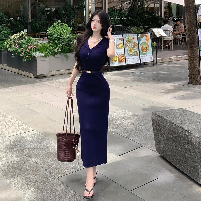 2026 Summer V-Neck French Knit Polo Short Sleeve Bodycon Long Dress Women Vintage Slimming Dress - Image 5