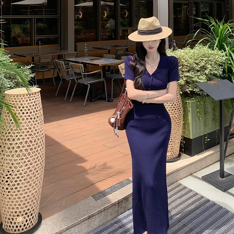 2026 Summer V-Neck French Knit Polo Short Sleeve Bodycon Long Dress Women Vintage Slimming Dress - Image 4