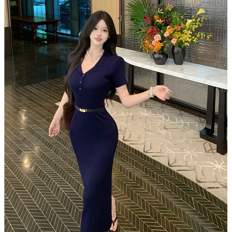 2026 Summer V-Neck French Knit Polo Short Sleeve Bodycon Long Dress Women Vintage Slimming Dress - Image 3