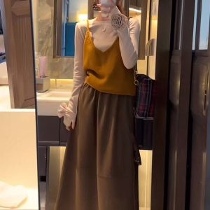 2025 Autumn Winter New Rose Base Shirt Knit Vest Polka Dot Skirt Three Piece Set