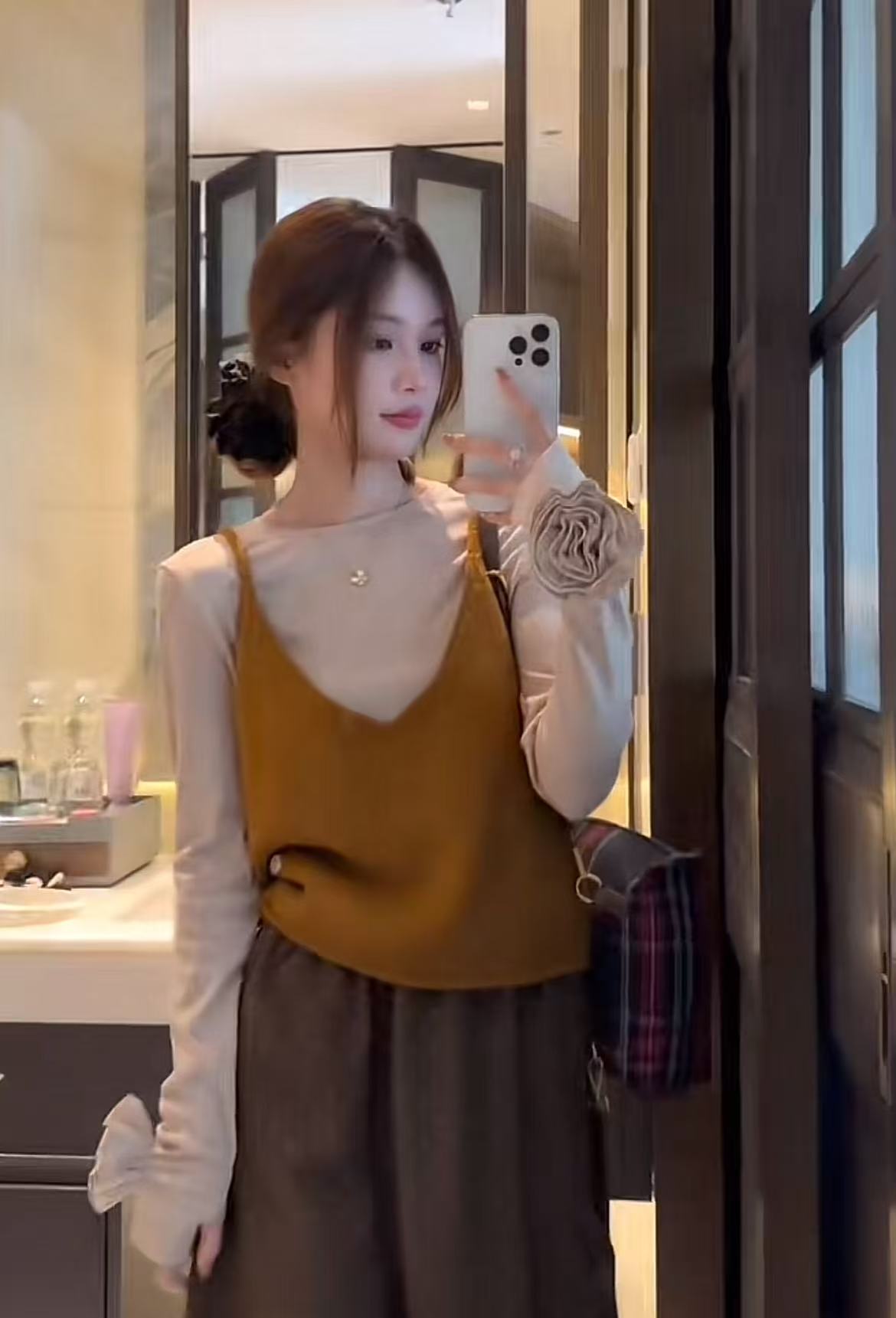 2025 Autumn Winter New Rose Base Shirt Knit Vest Polka Dot Skirt Three Piece Set - Image 3