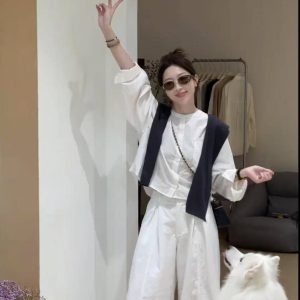 Early Autumn Korean Style Casual Loose Slimming Shirt and Wide Leg Pants Set