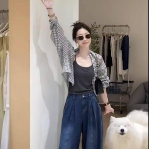 Korean Style Plaid Shirt Cami Top and Wide Leg Pants Three Piece Set