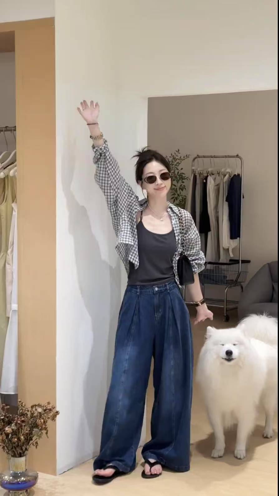 Korean Style Plaid Shirt Cami Top and Wide Leg Pants Three Piece Set