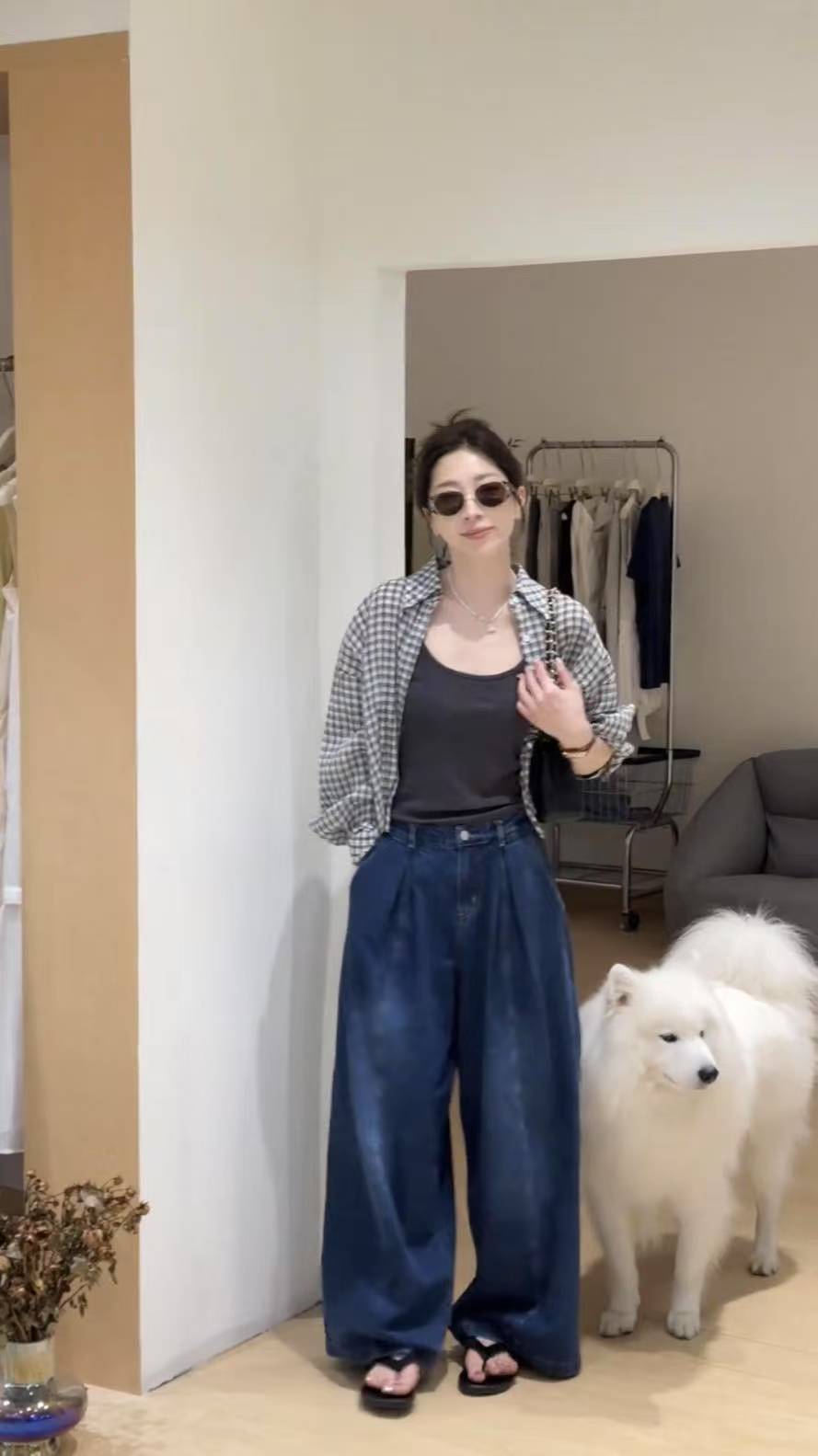 Korean Style Plaid Shirt Cami Top and Wide Leg Pants Three Piece Set - Image 2