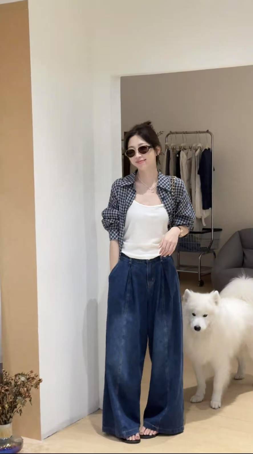 Korean Style Plaid Shirt Cami Top and Wide Leg Pants Three Piece Set - Image 3