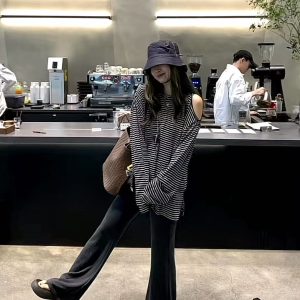Slimming Striped Long Sleeve Top and Straight Pants Two-Piece Set