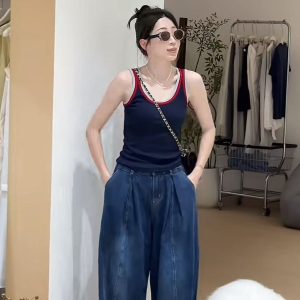 Women's Casual Two-Piece Set: Color-Block Padded Vest and Retro Slimming Jeans