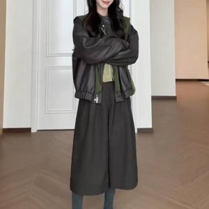 Korean Style Green Knit Sweater Leather Jacket Wide Leg Pants Four Piece Set