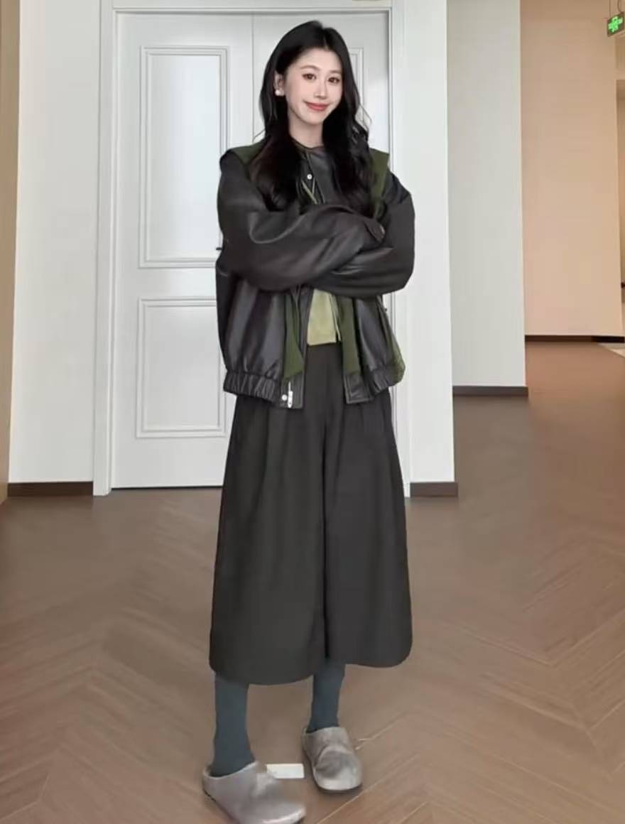 Korean Style Green Knit Sweater Leather Jacket Wide Leg Pants Four Piece Set