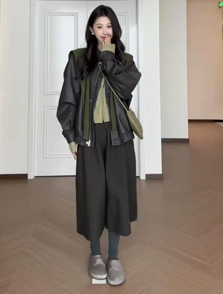 Korean Style Green Knit Sweater Leather Jacket Wide Leg Pants Four Piece Set - Image 2