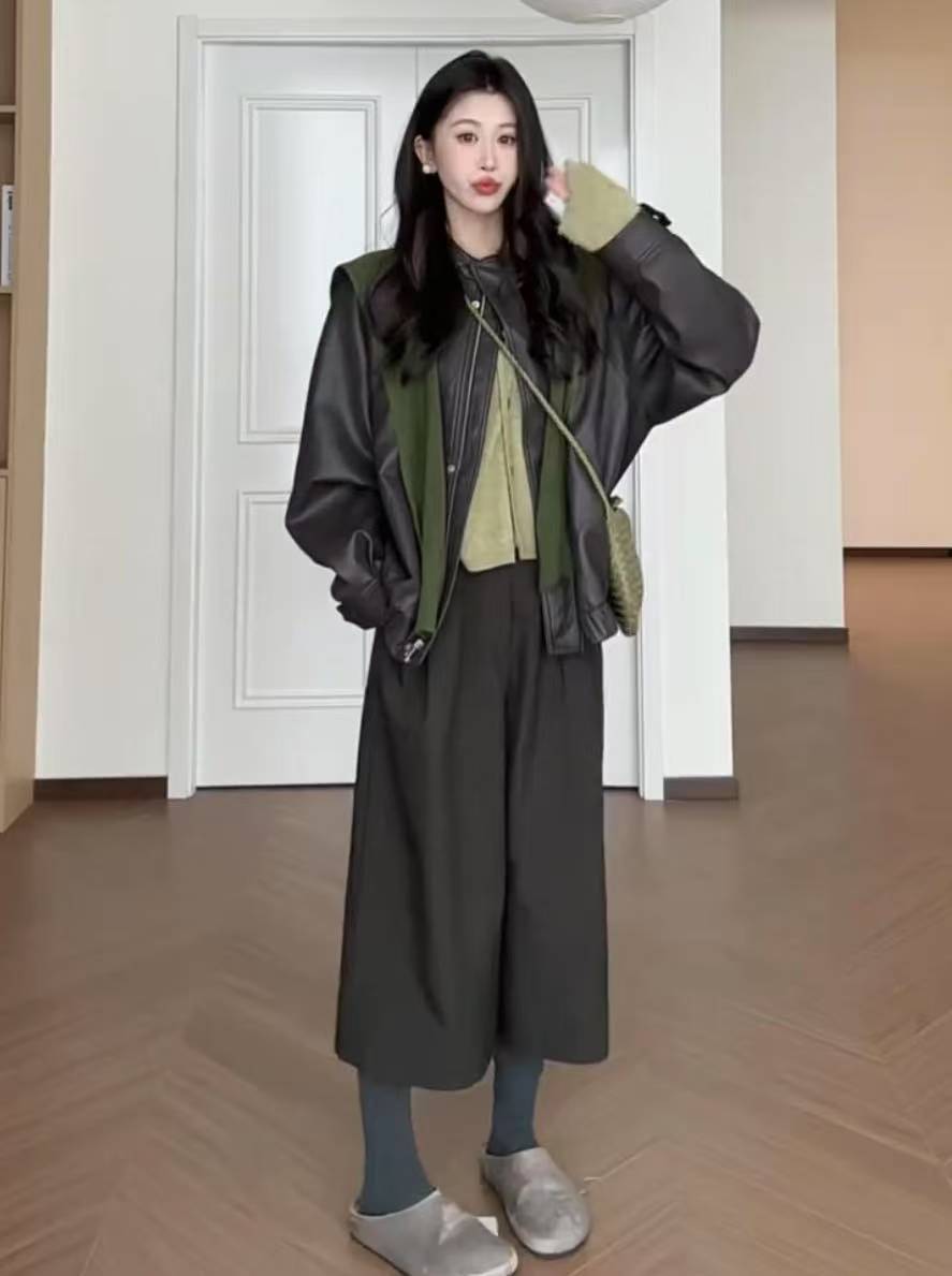 Korean Style Green Knit Sweater Leather Jacket Wide Leg Pants Four Piece Set - Image 3