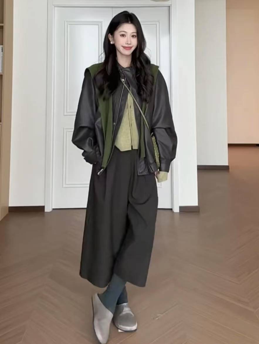 Korean Style Green Knit Sweater Leather Jacket Wide Leg Pants Four Piece Set - Image 4