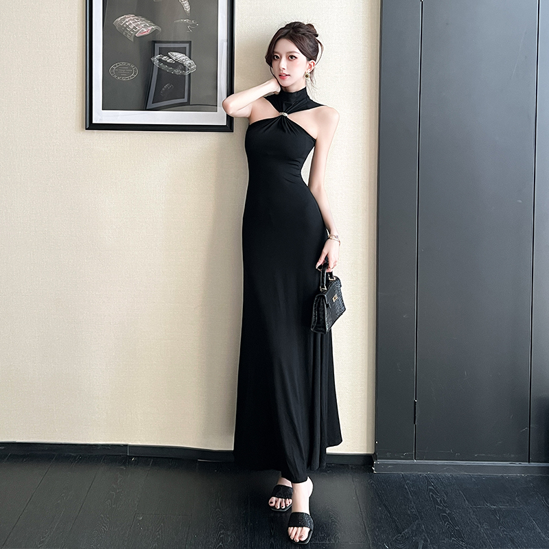 2026 Summer New Slim Fit Stretch Skin-Friendly Draped High Neck Knit Long Dress Sexy Pure Desire Hot Girl Dress Women - Image 3