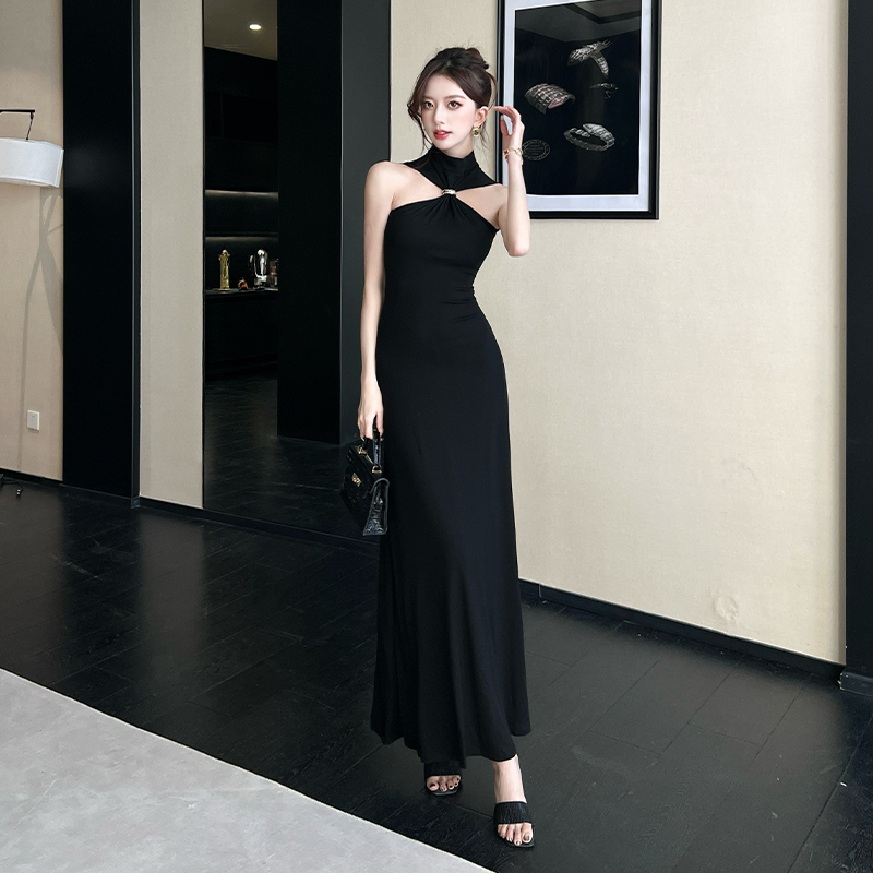 2026 Summer New Slim Fit Stretch Skin-Friendly Draped High Neck Knit Long Dress Sexy Pure Desire Hot Girl Dress Women