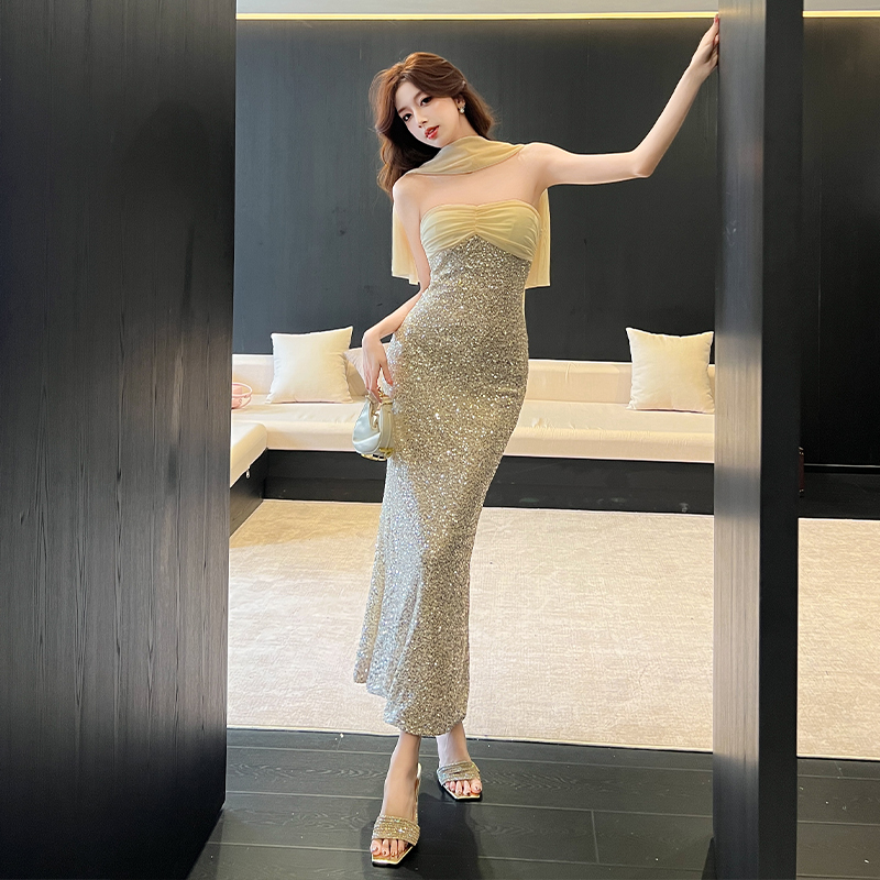Elegant Tulle Sequin Strapless Cape Birthday Party Dress for Women - Image 3