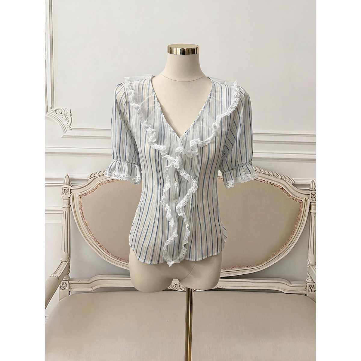 Women's Summer American Retro Blue Striped Lace V-Neck Short Sleeve Shirt - Style 05ac8d - Image 5