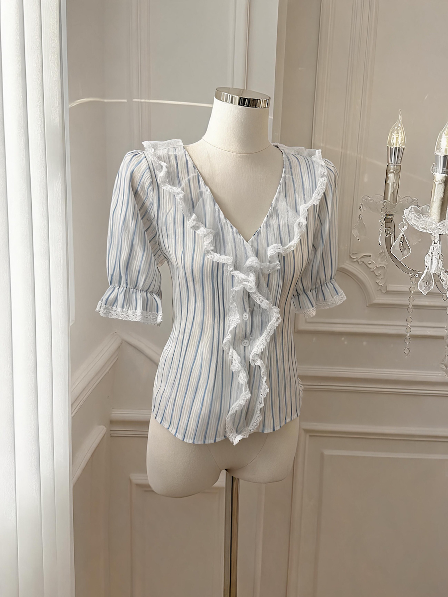 Women's Summer American Retro Blue Striped Lace V-Neck Short Sleeve Shirt - Style 05ac8d - Image 4