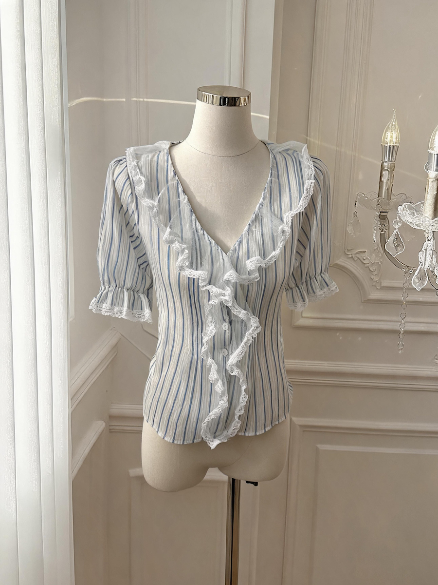 Women's Summer American Retro Blue Striped Lace V-Neck Short Sleeve Shirt - Style 05ac8d - Image 2