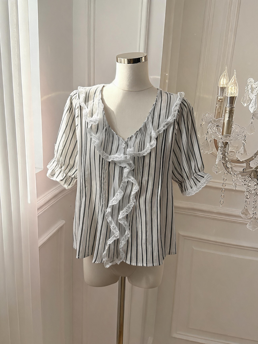 Women's Summer American Retro Blue Striped Lace V-Neck Short Sleeve Shirt - Style 05ac8d - Image 3