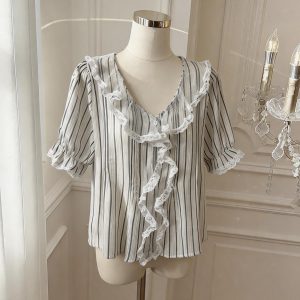 Women's Summer American Retro Blue Striped Lace V-Neck Short Sleeve Shirt - Style 05ac8d