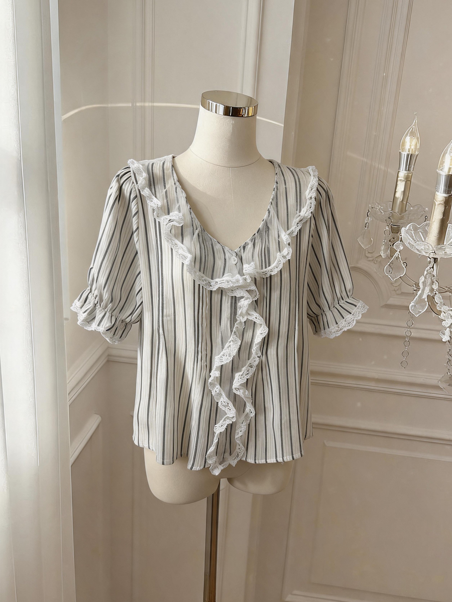 Women's Summer American Retro Blue Striped Lace V-Neck Short Sleeve Shirt - Style 05ac8d