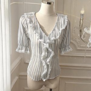 Women's Summer American Retro Blue Striped Lace V-Neck Short Sleeve Shirt - Style 06a19c