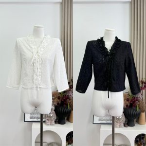 Women's 100% Cotton Hollow Jacquard Lace Trim Shirt