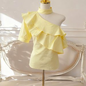 Women's Off-Shoulder Ruffle Sleeve Shirt French Design Short Sleeve Top