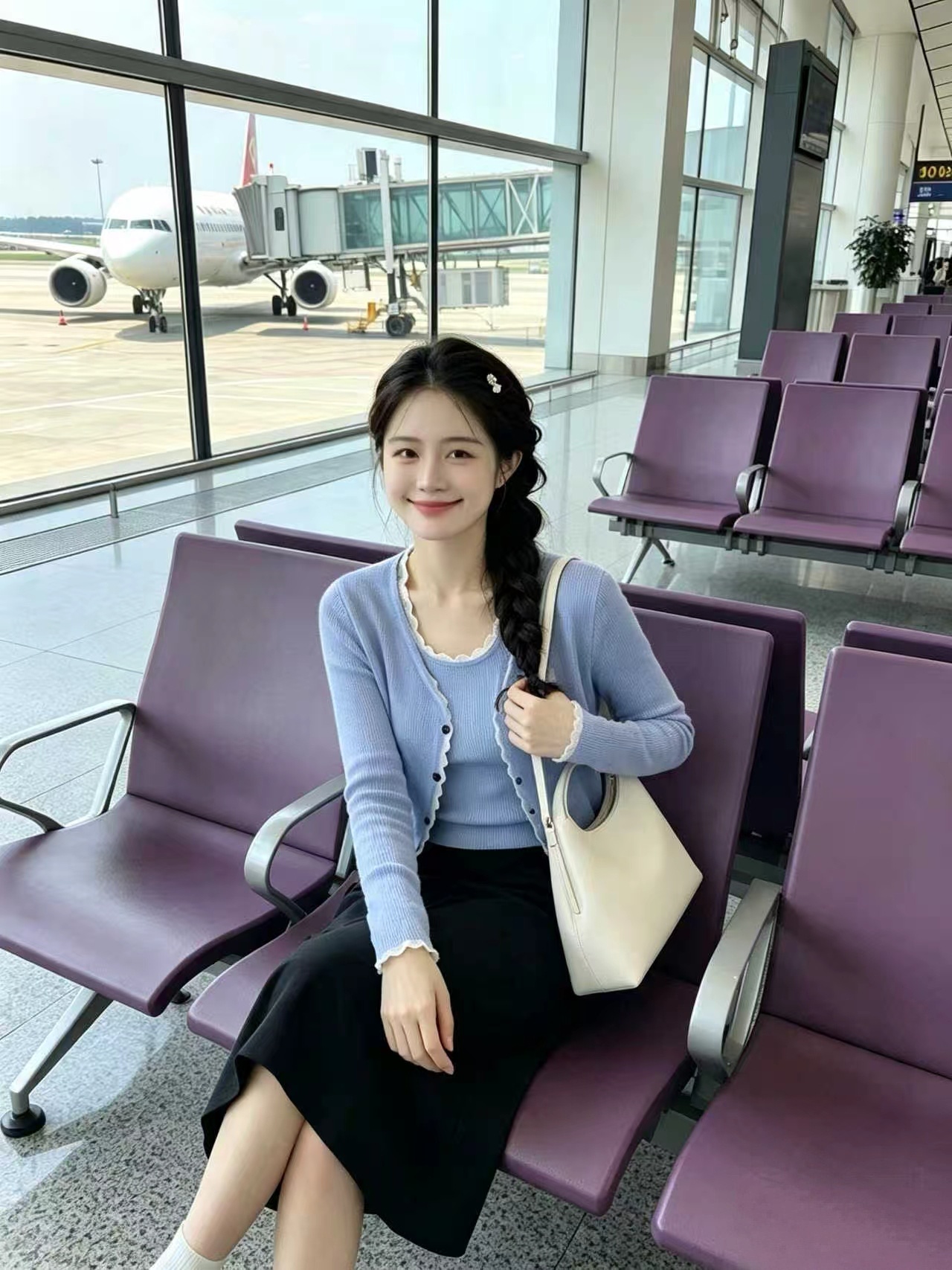 Women's Blue Knit T-Shirt Two-Piece Set 2026 Early Autumn Cardigan - Image 3