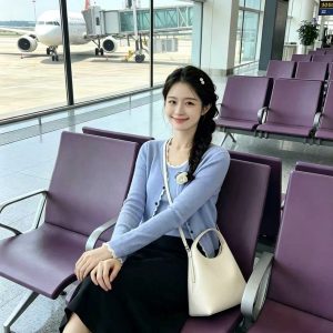 Women's Blue Knit T-Shirt Two-Piece Set 2026 Early Autumn Cardigan