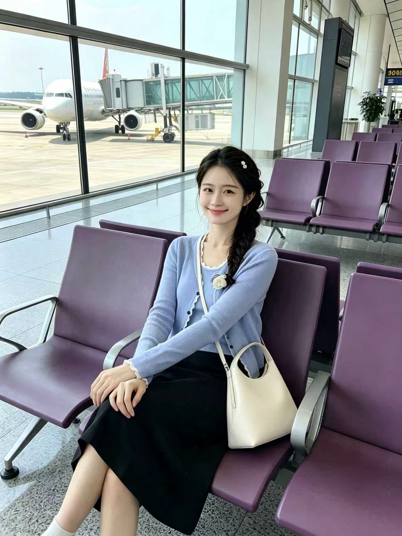 Women's Blue Knit T-Shirt Two-Piece Set 2026 Early Autumn Cardigan