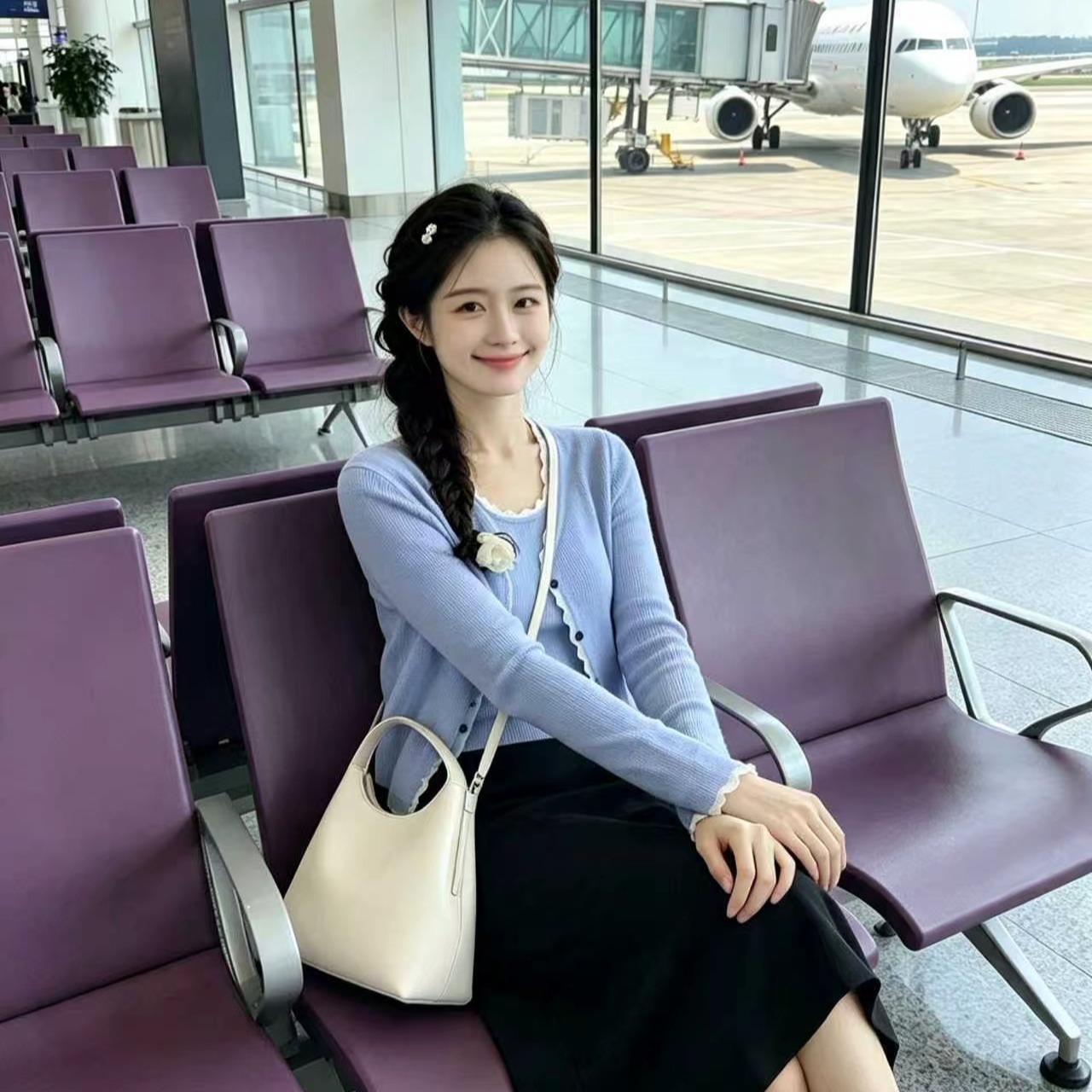 Women's Blue Knit T-Shirt Two-Piece Set 2026 Early Autumn Cardigan - Image 5