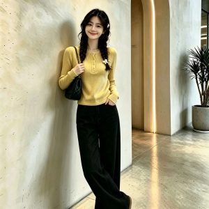 Yellow Slim Fit Long Sleeve Knit Top Women Sexy Sweet Chic Early Autumn T-Shirt