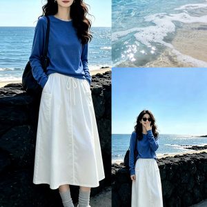 Women's Navy Long Sleeve Loose Crewneck T-Shirt 2026 Fall Relaxed Top