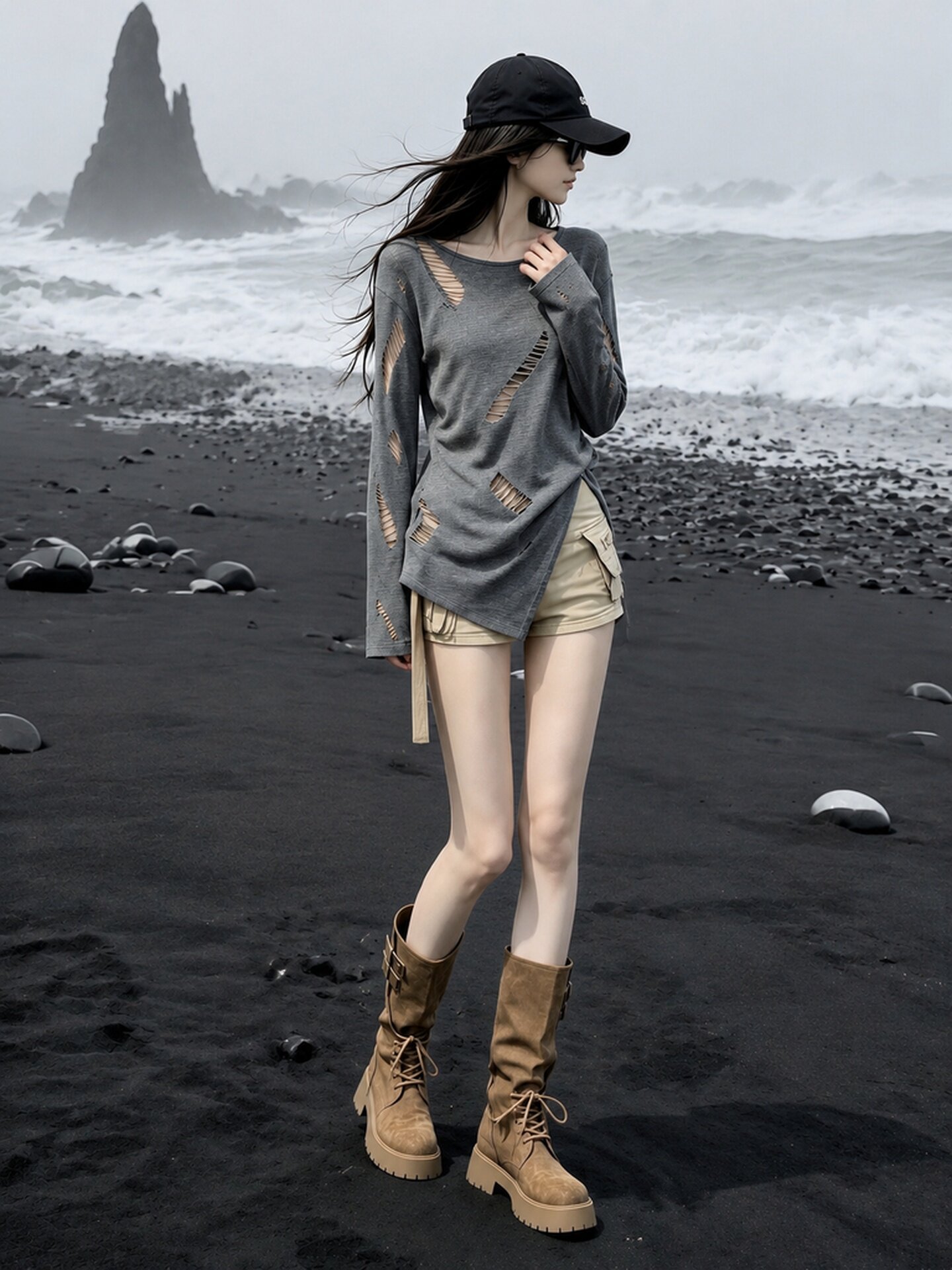 Women's Gray Distressed Cutout Slit Long Sleeve Sun Protection T-Shirt 2026 Summer - Image 4