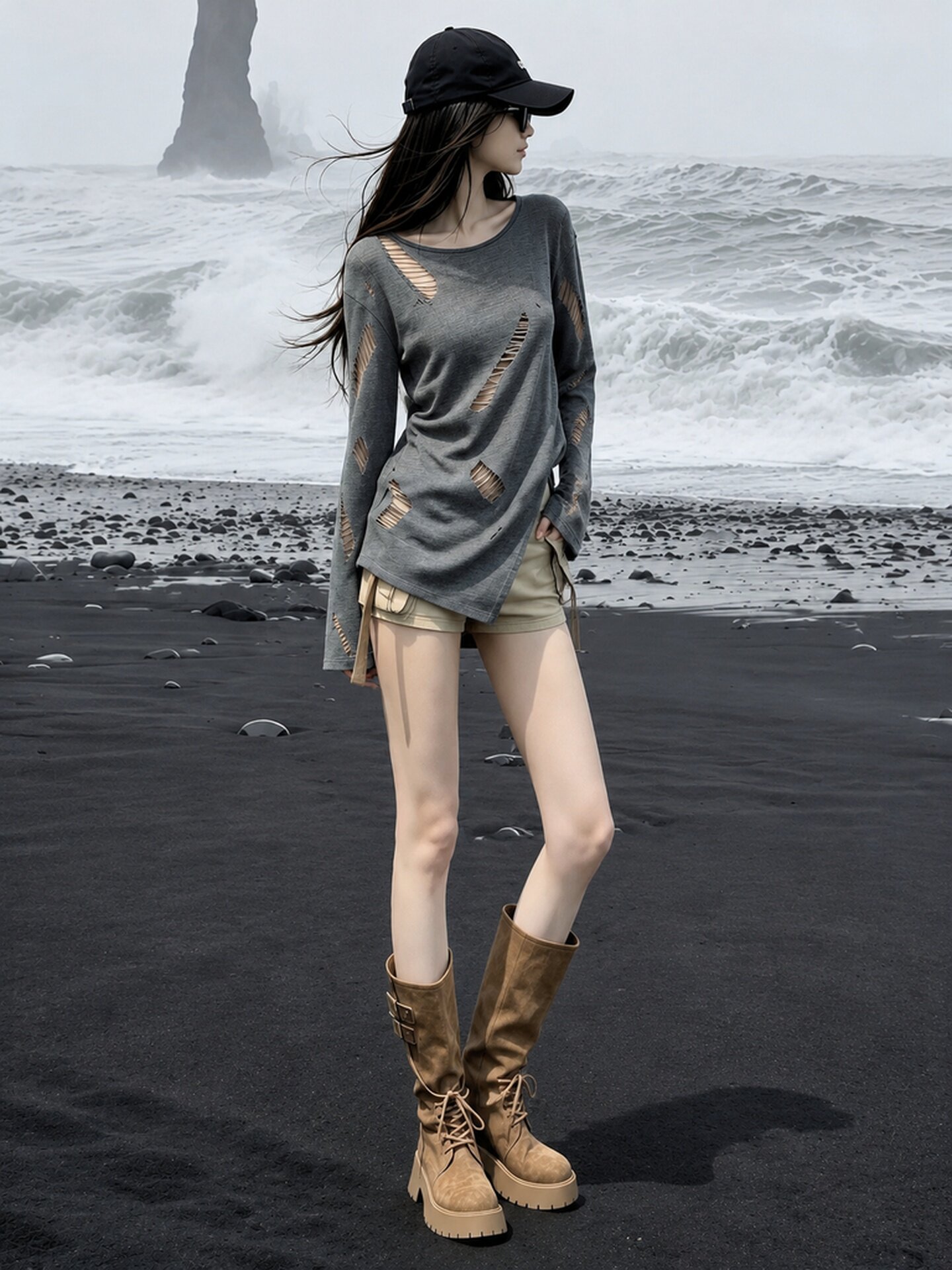 Women's Gray Distressed Cutout Slit Long Sleeve Sun Protection T-Shirt 2026 Summer - Image 2