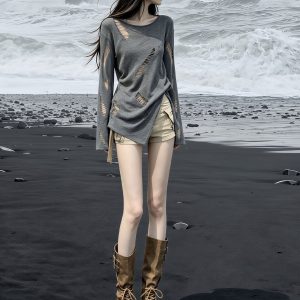 Women's Gray Distressed Cutout Slit Long Sleeve Sun Protection T-Shirt 2026 Summer