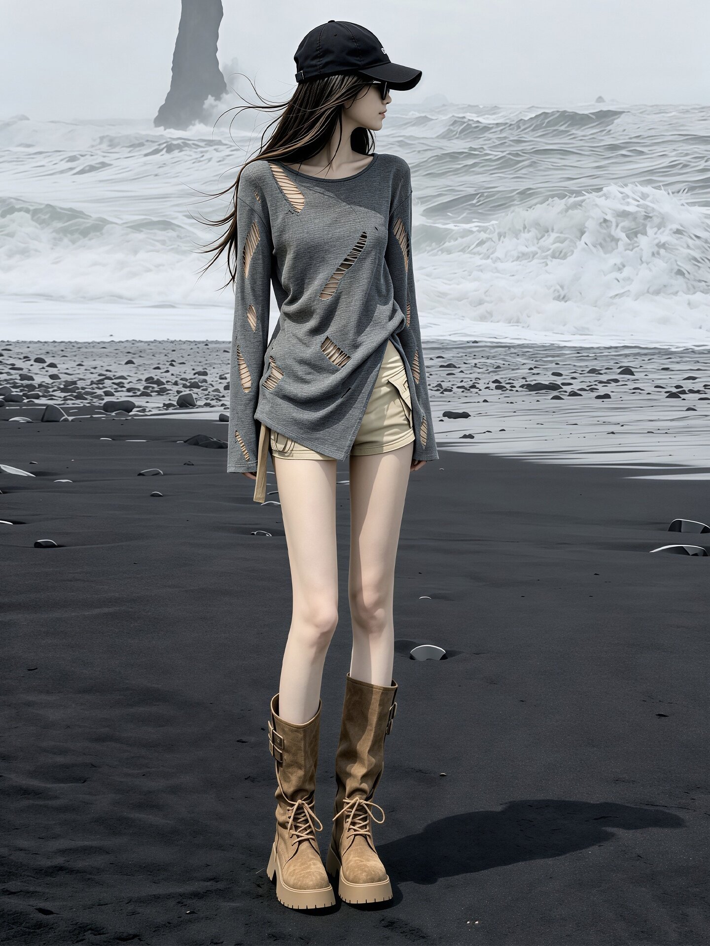 Women's Gray Distressed Cutout Slit Long Sleeve Sun Protection T-Shirt 2026 Summer