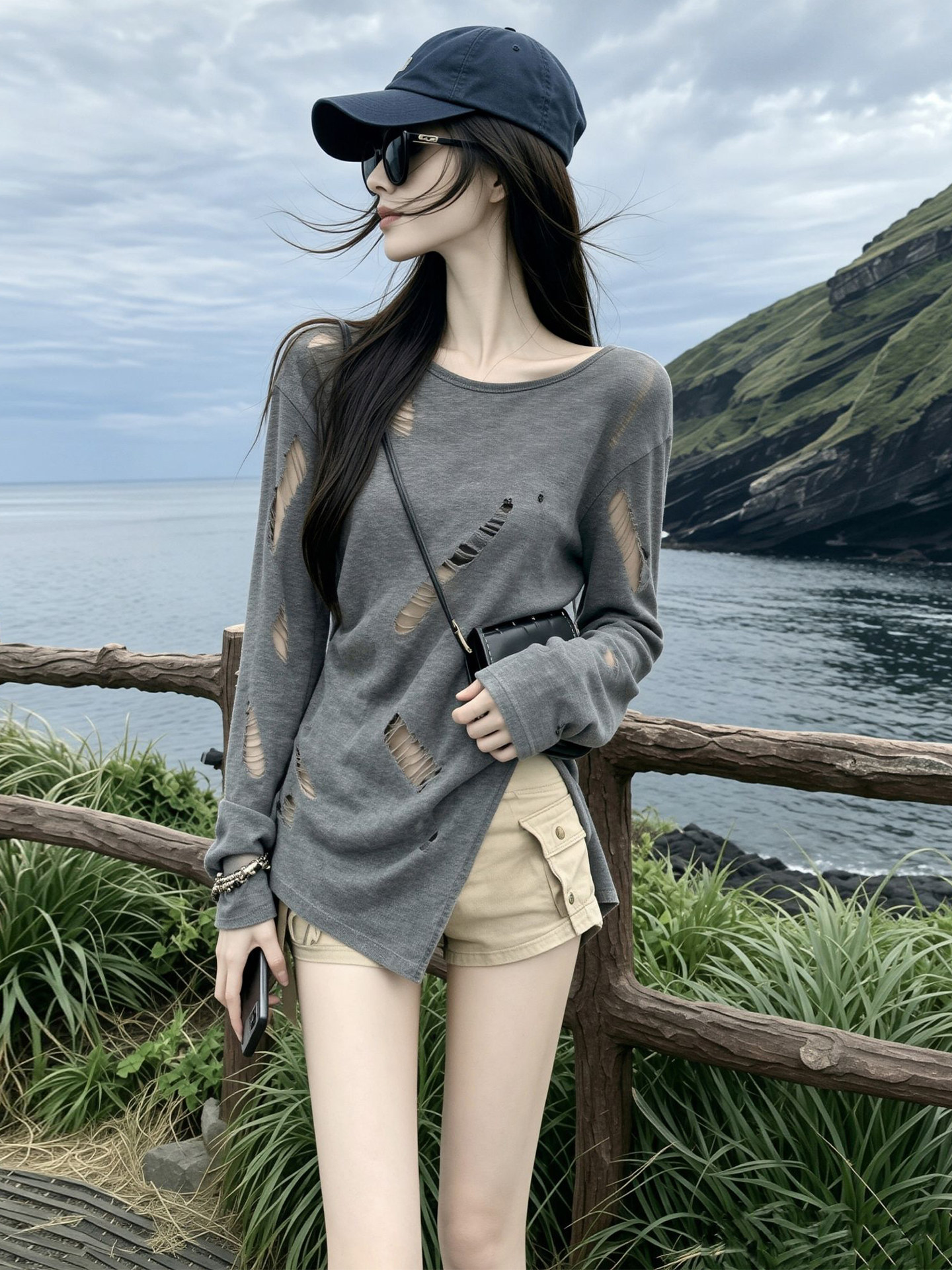 Women's Gray Distressed Cutout Slit Long Sleeve Sun Protection T-Shirt 2026 Summer - Image 3