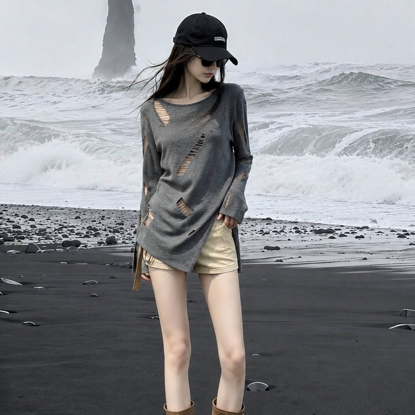Women's Gray Distressed Cutout Slit Long Sleeve Sun Protection T-Shirt 2026 Summer - Image 5